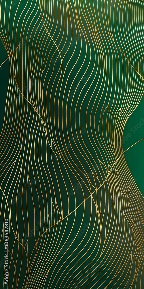 Poster abstract design featuring elegant golden lines flowing across a deep green background, creating a se