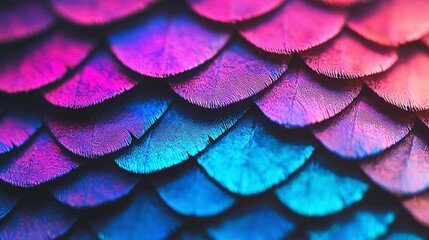 Obraz premium A vibrant close-up of colorful, shimmering scales, showcasing a mesmerizing blend of pink and blue hues.