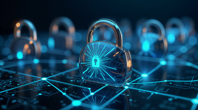 Rete di sicurezza informatica- Serratura illuminata con connessioni digitali