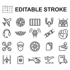 Set of aviation icons. Thin line vector illustration. Contains icons such as plane, propeller, helicopter and more.