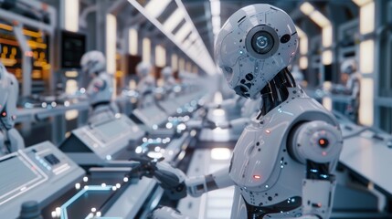 Fototapeta premium A 6Genabled assembly line where robots and humans work side by side with robots taking on the more repetitive tasks while humans oversee and supervise.