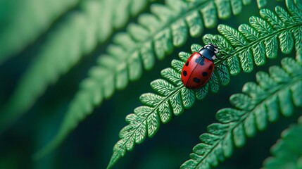 A vibrant red ladybug perched delicately on a lush green fern leaf, showcasing a beautiful natural contrast and intricate details.