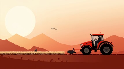 Fototapeta premium Farmer operating a tractor, plowing fields for crop planting, [farmer labor], [mechanized agriculture].