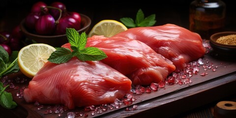 Fresh raw poultry fillets on a wooden cutting board with pink Himalayan salt, lemon wedges and fresh mint leaves - Powered by Adobe