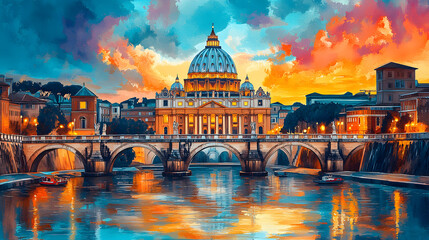 Fototapeta premium Watercolor illustration for Vatican National Day incorporating vibrant colors of local celebrations famous landmarks like the Vatican Museums emphasizing cultural heritage