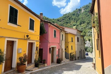 Fototapeta premium A street in a small Italian village lined with brightly painted houses in various shades of yellow, pink, and orange.