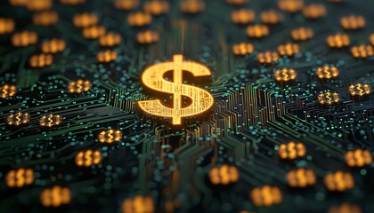 Abstract representation of digital currency with a dollar sign on a circuit board, symbolizing finance and technology.