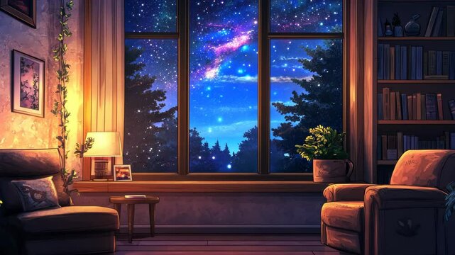A cozy living room with a large window overlooking a starry night sky