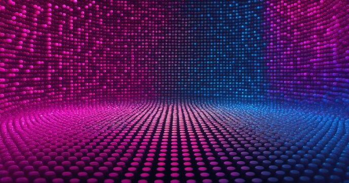 Neon dots arranged in a grid pattern with pulsating pink and blue shades against black. Created with generative AI technology
