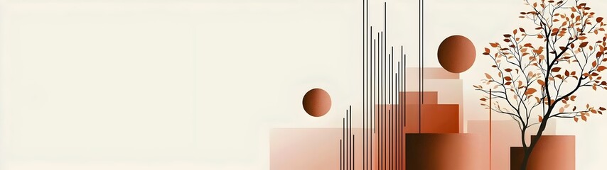 An artistic digital composition featuring abstract shapes in warm tones, alongside a stylized tree, creating a modern and serene atmosphere.
