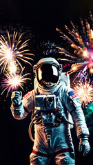 Fototapeta premium Astronaut Celebrating New Year in Deep Space with Fireworks