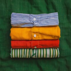 A stack of colorful shirts arranged neatly on a green background.