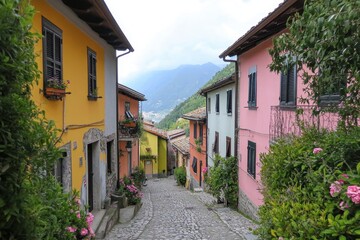 Fototapeta premium A street in a small Italian village lined with brightly painted houses in various shades of yellow, pink, and orange.