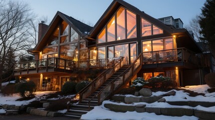 A modern cabin with large windows illuminated by warm interior lights, surrounded by snowy landscape and a stone retaining wall, creating a serene winter ambiance.