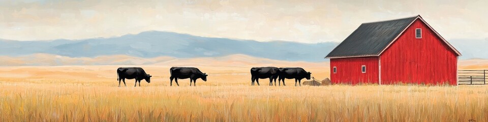 Obraz premium Rustic farm scene with cattle grazing in the background and farmer preparing for winter, [agriculture], [seasonal livestock care].