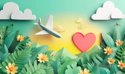 Fototapete Rund white paper airplane flies above green landscape with flowers and large red heart, representing love and travel © Kim