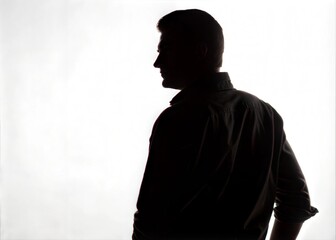 Silhouette of a man, front view, against a white background, with no face visible
