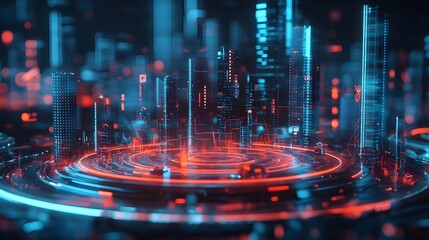 Futuristic Cityscape with Red and Blue Neon Lights   Digital Art