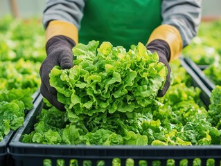 Farmer packing freshly harvested lettuce into boxes in a greenhouse, [harvest], [sustainable farming and seasonal produce].
