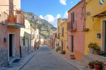 Fototapeta premium A street in a small Italian village lined with brightly painted houses in various shades of yellow, pink, and orange.