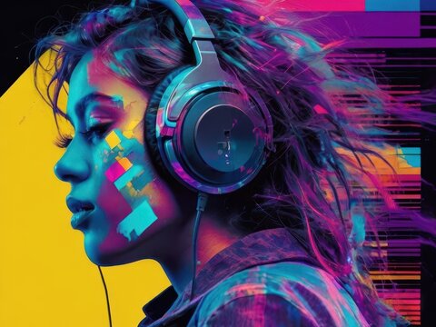 The graphic image of the DJ of music, a bright, explosive background.