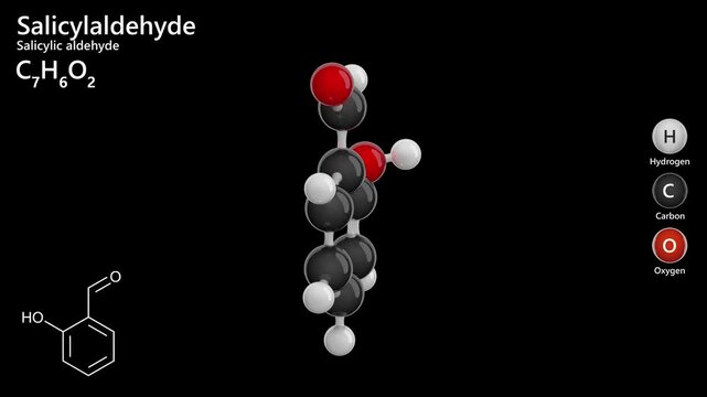 Salicylaldehyde. Organic compound. Animated 3D model of a molecule. Molecular formula: C7H6O2. Chemical model: Ball and stick. Black background. 3D rendering. Seamless loop.