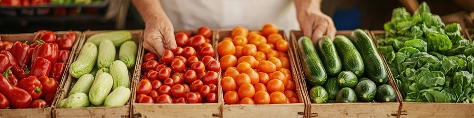 Organic farmer displaying seasonal produce at a local market stand, [agriculture], [seasonal farm-to-table movement].
