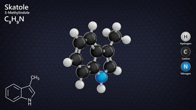 Skatole or Scatole. Fragrance. Animated 3D model of a molecule. Molecular formula: C9H9N. Chemical model: Ball and stick. Dark background. 3D rendering. Seamless loop.