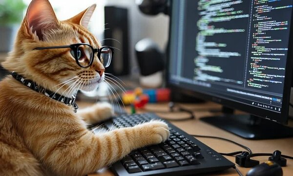 Orange cat wearing glasses is sitting at the computer and looking at the monitor.