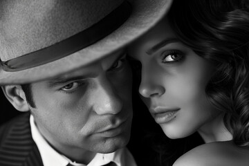 Black and white portrait of a couple in style of films in noir created with generative AI