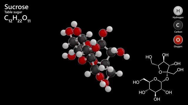Sucrose. Disaccharide. Table sugar. Animated 3D model of a molecule. Molecular formula: C12H22O11. Chemical model: Ball and stick. Black background. 3D rendering. Seamless loop.