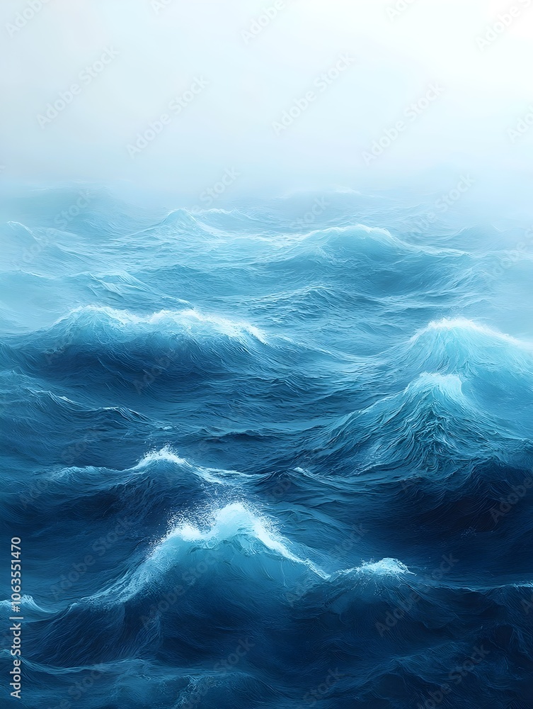 Poster a serene view of deep blue ocean waters showcasing gentle waves under a soft, ethereal light, creati