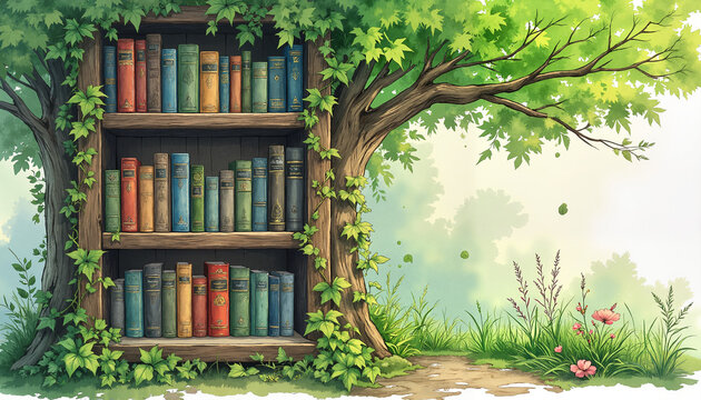 Whimsical outdoor bookshelf surrounded by trees, vibrant foliage, colorful books, and nature