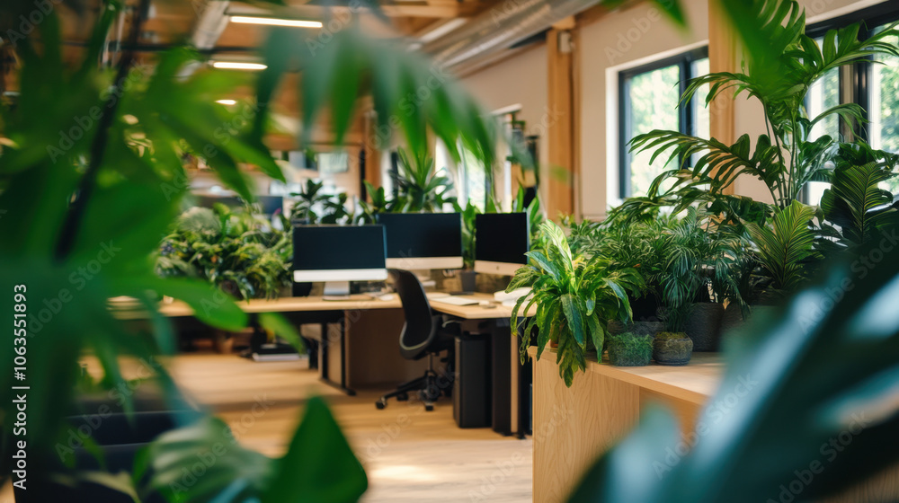 Poster a modern office space filled with lush greenery, featuring desks with computers surrounded by indoor