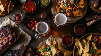 Two beer mugs brimming with amber ale, surrounded
