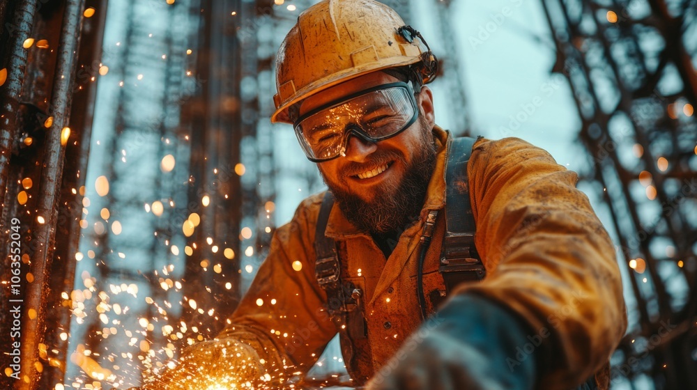 Poster A skilled worker engages in welding, generating bright sparks amidst towering structures. The scene captures the energy and focus of construction in progress.