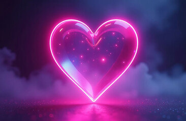 Transparent glass heart in pink neon light and fog, space for text