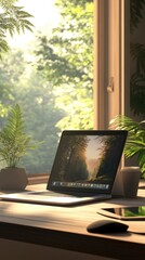 Fototapeta premium Open laptop and tablet in a minimalist workspace with a view of nature outside