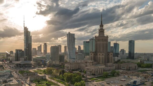 Warsaw Poland time lapse high angle view sunset city skyline at Centrum Square downtown business district