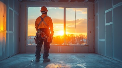 A construction worker stands in a nearly finished room, gazing out at a vibrant sunset, appreciating the view after a long day's work in an urban setting.