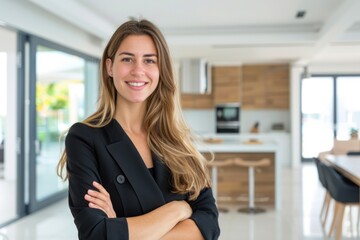 Confident real estate agent smiling in modern kitchen office setting
