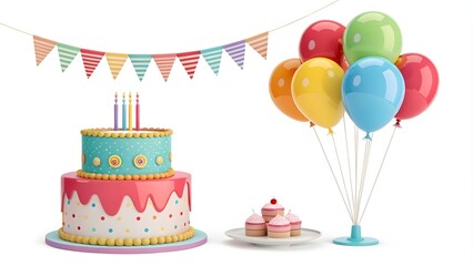 3D Birthday Party Element Set Transparent Background, Festive Birthday Icons Pack