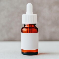 Fototapeta premium A small amber glass dropper bottle with a white label for labeling contents.