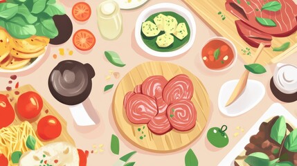 Artistic arrangement of tomatoes, bread, cucumbers, fresh herbs, and meat cuts for an inviting meal preparation concept
