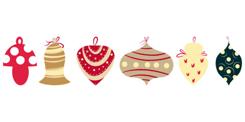 Hand Drawn Vintage Christmas Ball Toys Set, Christmas ornaments Set, Retro Christmas Toys Set, Old-Fashioned Christmas Toys