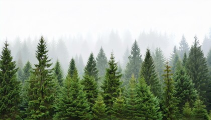 Seamless pattern with foggy spruce forest. Fir trees isolated on white background.