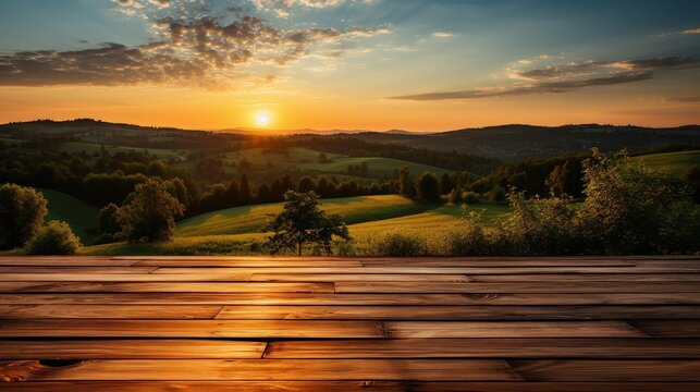 A rustic wooden plank platform with a picturesque sunset over rolling hills and lush green foliage.