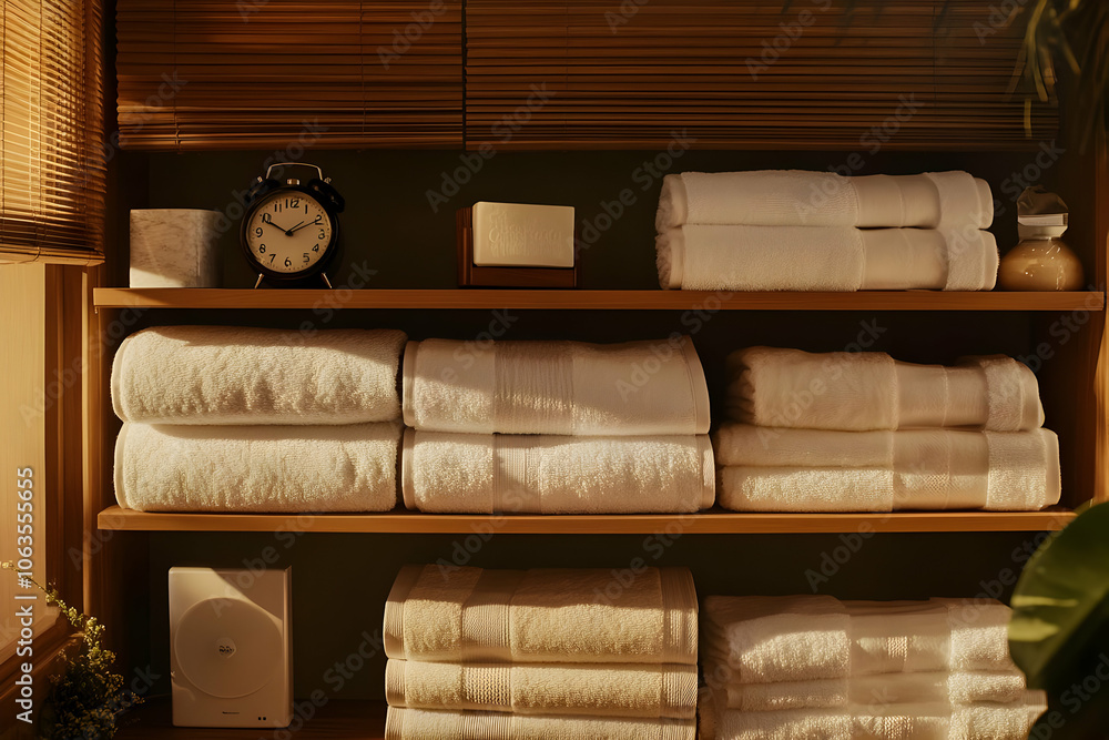 Poster bedding set image - a neatly organized shelf with towels, an alarm clock, and decorative items in a 