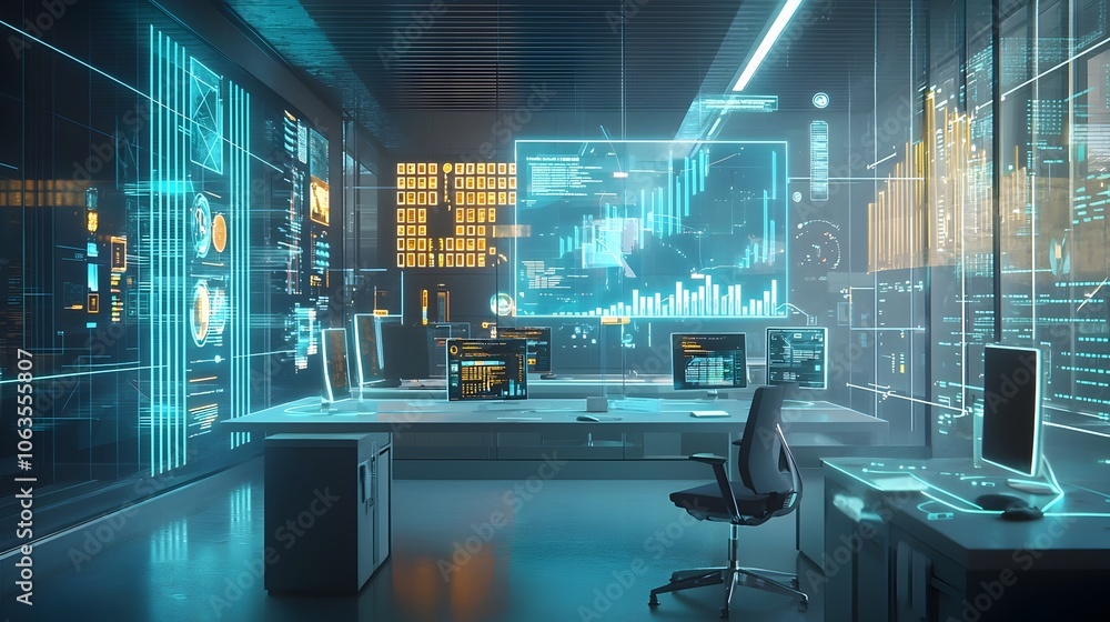 Poster futuristic 3d holographic office with interactive data displays and virtual charts