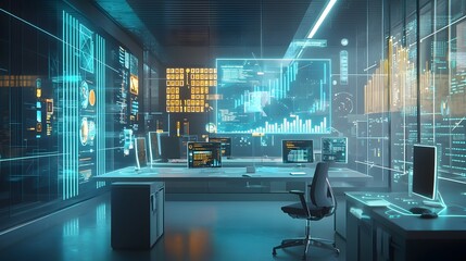 Futuristic 3D Holographic Office with Interactive Data Displays and Virtual Charts